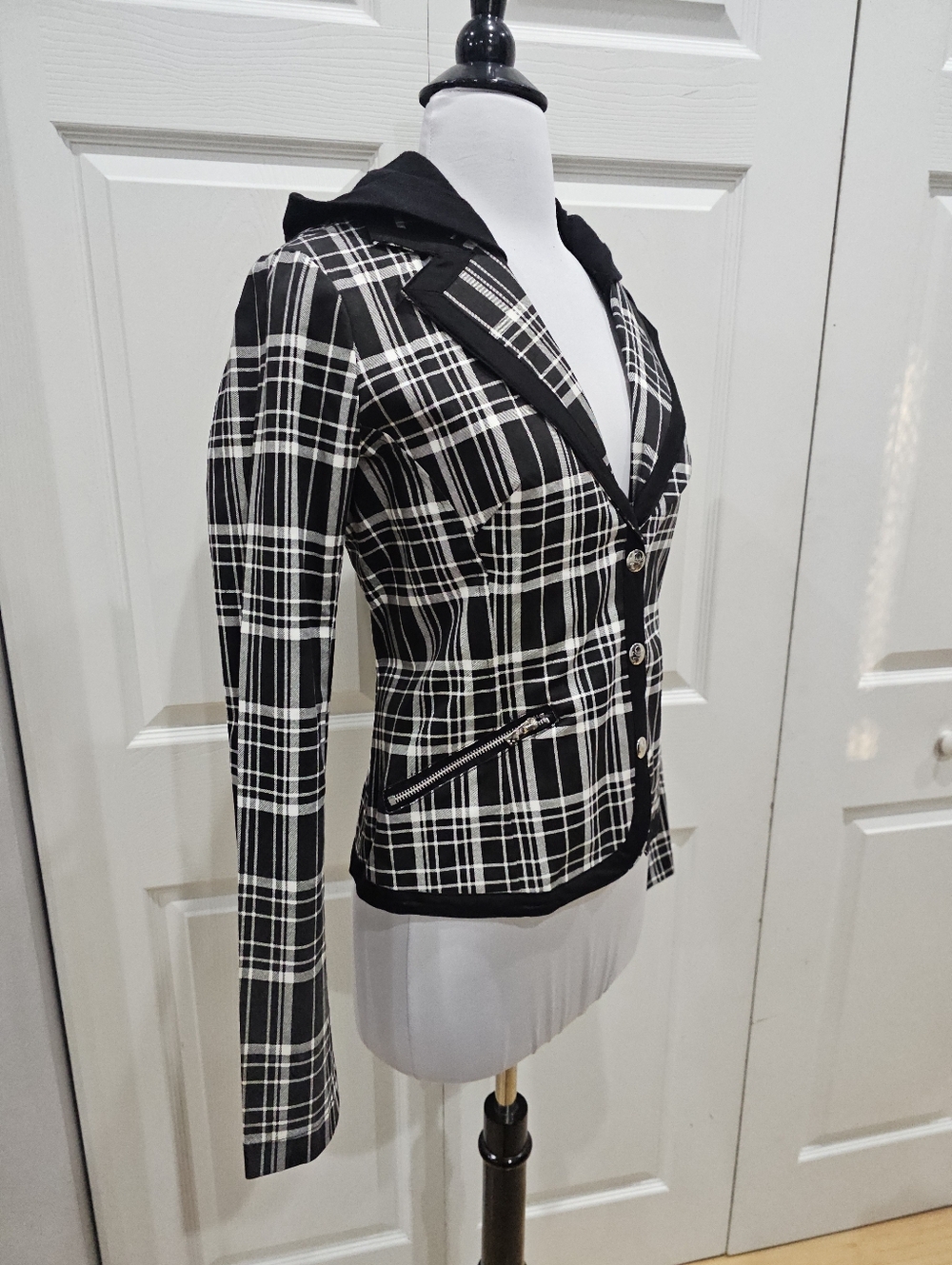 Rare Vintage Punk Goth Tripp NYC Black & White Plaid Snap Blazer Jacket Coat S - Picture 3 of 12